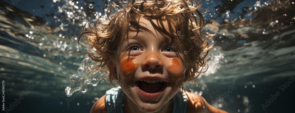 Unterwasserspiele: Porträt eines glücklichen Kindes im Wasser