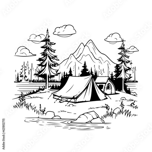 Camping line vector illustration for your design