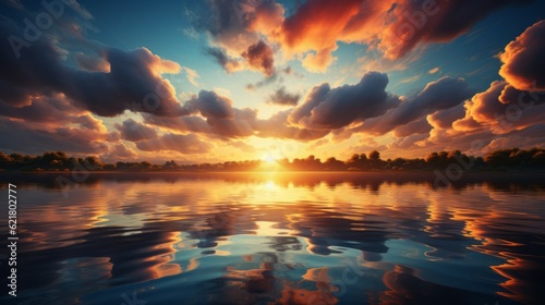 Fantastic sunset over lake. Dramatic sky. Beauty world. Beautiful sunset over the lake and clouds reflected in water, nature series, AI generated illustration