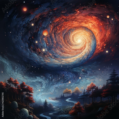 Fantasy landscape with forest, river and starry sky. 3d rendering. Beautiful night landscape with forest and colorful spiral galaxy at sky. Vector illustration. Beautiful art of power of universe