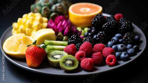 Plate with a selection of different fresh colorful fruits