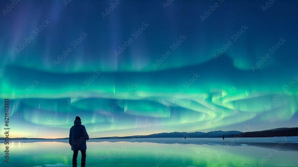 Man Standing on a Frozen Lake and Aurora is Visible on Night Sky - Created with Generative AI