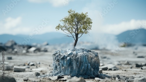 A small tree sitting on top of a pile of rocks. Generative AI image.