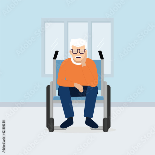  Sad Senior man sitting in a wheelchair. Vector Illustration character of unhappy or sadly.