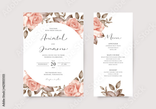 Elegant wedding invitation card template with watercolor orange roses