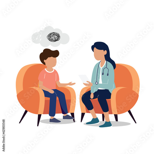 Overcome psychotherapy scene between boy and psychiatrist flat vector illustration.