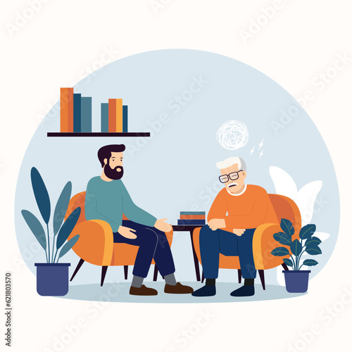 Psychotherapy session.Senior man talking to psychologist sitting on sofa. Flat style vector illustration.