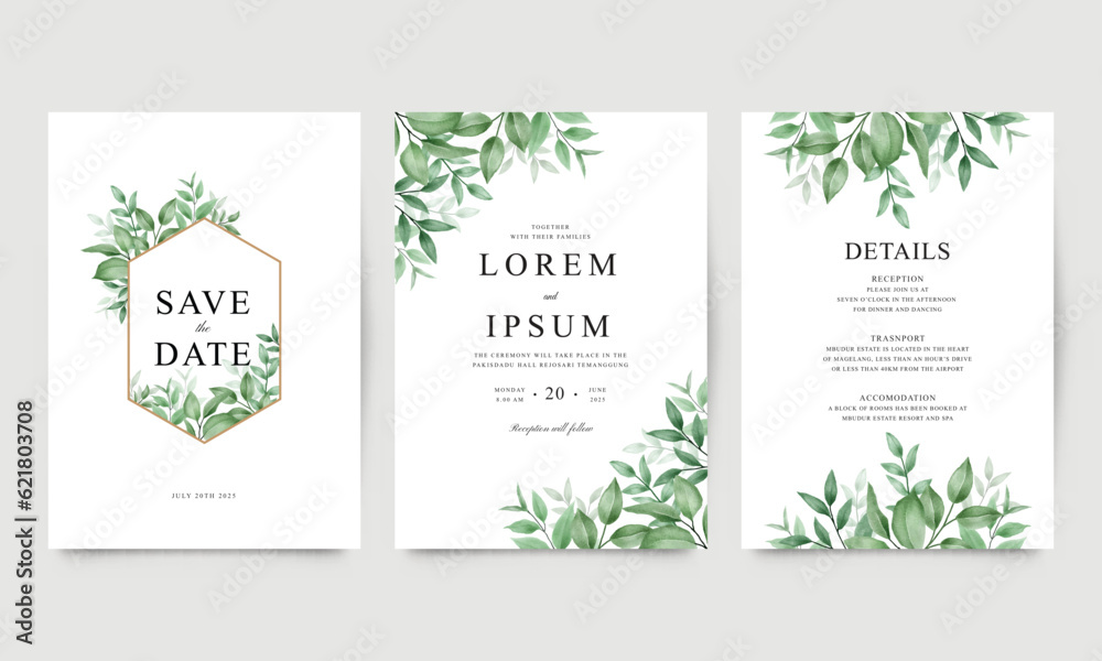 Set of beautiful template wedding invitations with watercolor leaves