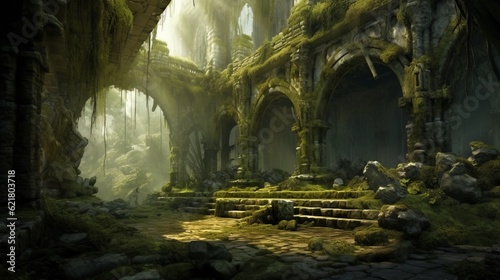 Enchanted Moss-covered Ruin In Ancient Forest With Fern Spirits photo