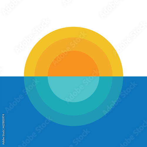 Sunset above the sea or ocean with sun and water silhouette. Logo. Vector illustration.
