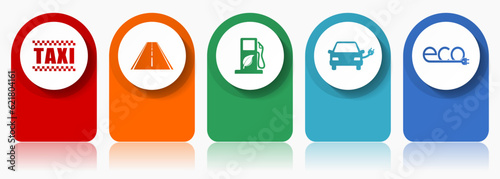 Renewables, transport icon set, miscellaneous vector icons such as taxi, road, bio fuel, electric car and eco sign, modern design infographic template, web buttons in 5 color options