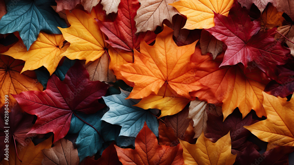 colorful autum leaves top view background, generative ai