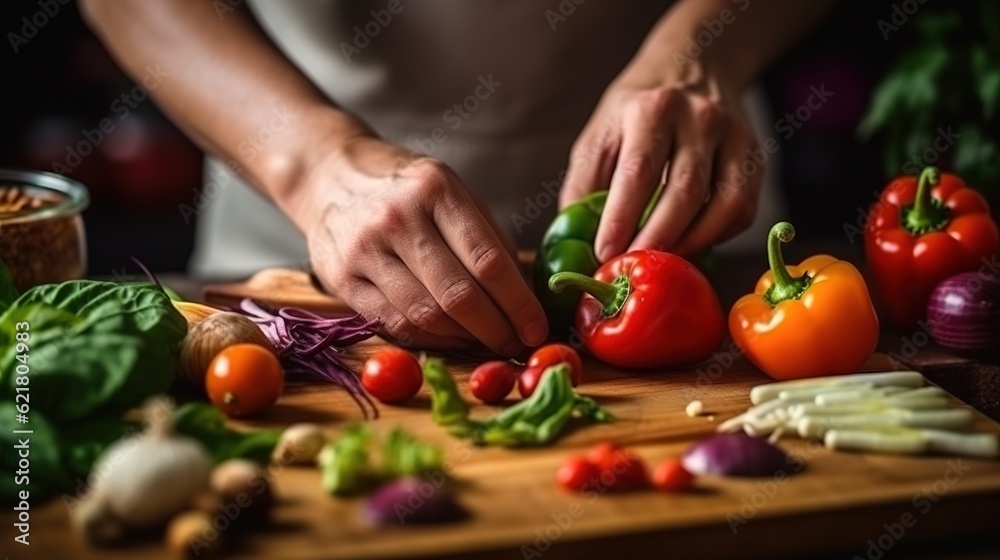 A chef in a hotel or restaurant kitchen cooking, hands only. Vegetables, greens, tomatoes on table on wooden boards. Ingredients for preparing italian or french food. Lifestyle moment. Generative ai. A chef in a hotel or restaurant kitchen cooking, hands only. Vegetables, greens, tomatoes on table on wooden boards. Ingredients for preparing italian or french food. Lifestyle moment. Generative ai.