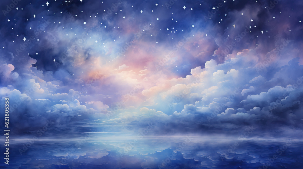 Watercolor blue sky with bright stars illustration.