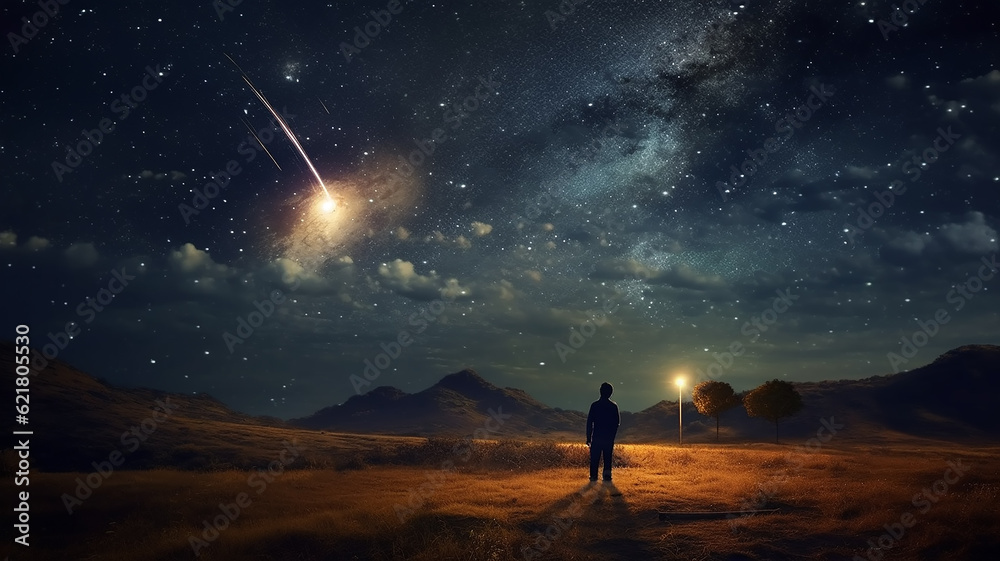 landscape stargazing in the summer meteor shower night. Generative AI landscape stargazing in the summer meteor shower night. Generative AI