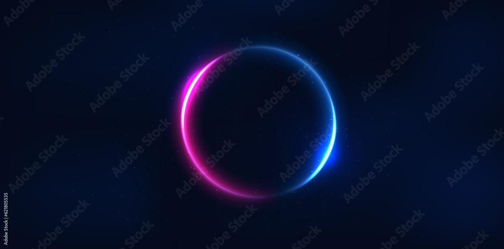 Abstract technology futuristic neon circle glowing blue and pink  light lines with speed motion blur effect on dark blue background.