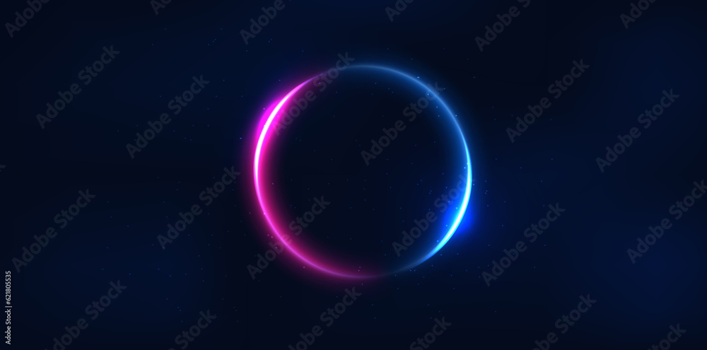 Abstract technology futuristic neon circle glowing blue and pink light lines with speed motion blur effect on dark blue background. Abstract technology futuristic neon circle glowing blue and pink light lines with speed motion blur effect on dark blue background.