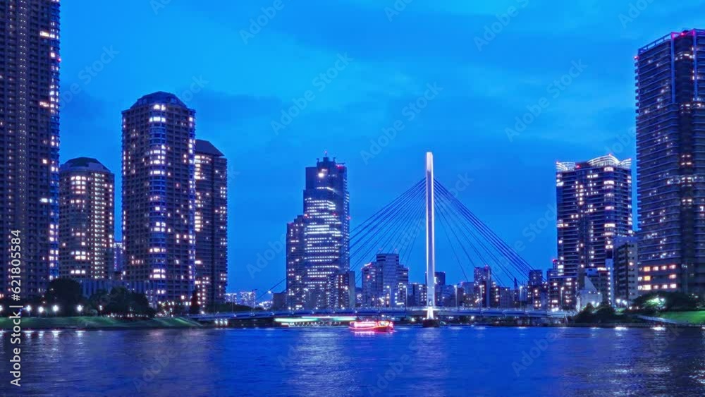 Night light Tokyo, Tsukuda, Toyosu skyscrapers and bridge The Sumida River Yakatabune, pleasure boat Night light Tokyo, Tsukuda, Toyosu skyscrapers and bridge The Sumida River Yakatabune, pleasure boat