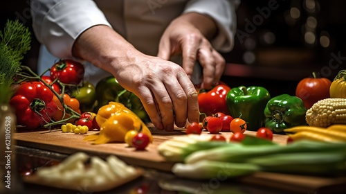 A chef in a hotel or restaurant kitchen cooking, hands only. Vegetables, greens, tomatoes on table on wooden boards. Ingredients for preparing italian or french food. Lifestyle moment. Generative ai.