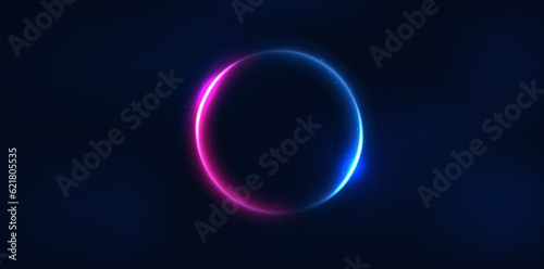 Abstract technology futuristic neon circle glowing blue and pink light lines with speed motion blur effect on dark blue background.