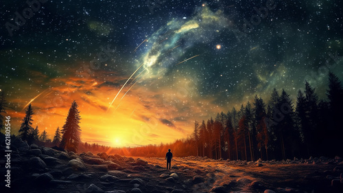 landscape stargazing in the summer meteor shower night. Generative AI © kichigin19