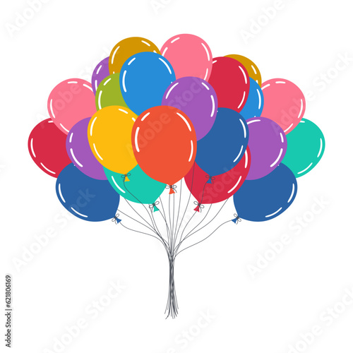 Bunch of balloons. Birthday concept, party decoration, carnival, holiday and celebration. Hand drawn cartoon big colorful bunch of balloons in different colors on white background. Flat vector
