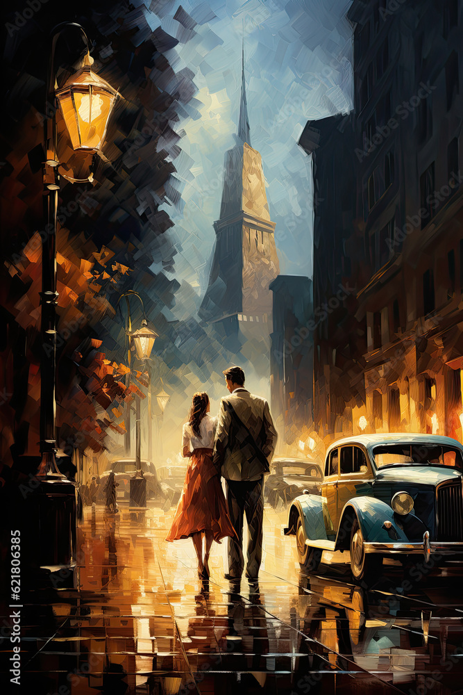 lovers couple walking over chicago a street in chicago by night around 1930, ai generative