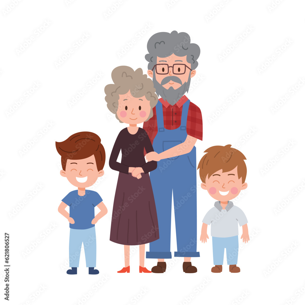 Happy grandparents with grandsons portrait, vector flat isolated illustration of elderly couple with children