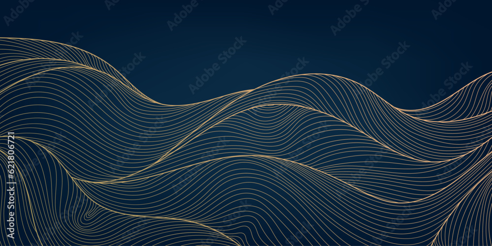 Vector art deco wavy luxury pattern, wave line japanese style background. Organic dynamic pattern, texture for print, wall art, packaging design - obrazy, fototapety, plakaty 