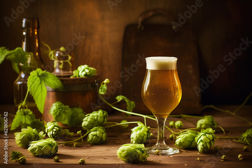 Inviting image showcasing the beer brewing process, from barley and hops to a frothy glass. Vintage tones enhance artisan spirit. Generative AI