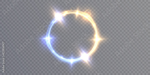 Golden circle with light distortion. Magic circle vector. Round frame with light effect. Abstract ring background with glowing swirling background. Energy flow tunnel.
