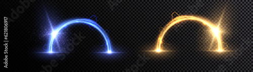 Gold and blue light arch. Abstract light effect, neon lines with flying lights. Vector