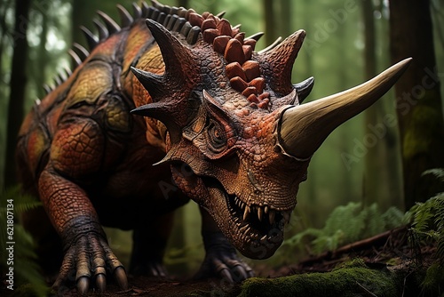 Triceratop in Jungle: Step into a prehistoric world as AI brings the magnificent Triceratop to life. Captivating stock photo for immersive projects.