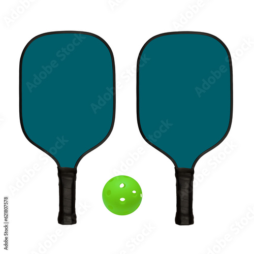 Pickleball ball and two rackets. Pickleball  ball and two green rackets on a transparent background. Pickleball pattern. 