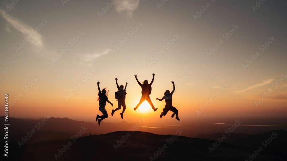 a silhouette of group people have fun at the top of the mountain near the tent during the sunset.