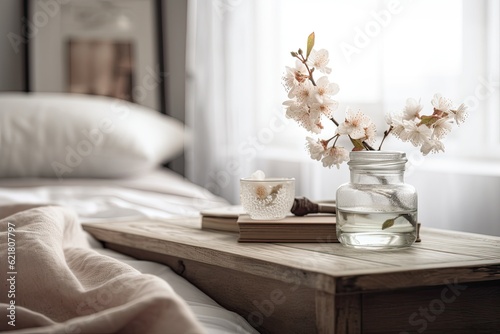 Close up of a wooden table, desk, or shelf with cherry blossom branches in a glass vase over a fuzzy image of a classic bedroom with a soft bed, a bohemian interior design concept. Generative AI