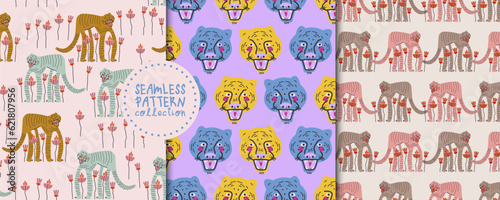 Stylish set with seamless patterns with tigers and flowers. Cute vector backgrounds  designs  prints