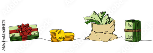 Money on a roll, a stack of money with a ribbon, a gift, bag of money hryvnia, kopecks color, colored one line art. Continuous line drawing of bank, financial, payment, data, economic, wealth credit.