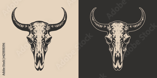 Set of vintage retro scary spooky cow bull skull head skeleton. Cowboy Native American. Can be used like emblem, logo. Monochrome Graphic Art. Vector. Hand drawn element in engraving