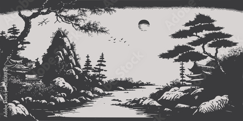 VIntage retro engraving style  Japan Asian juji mountain with trees nature wild landscape. Background outdoor adventure vibe. Graphic Art Vector
