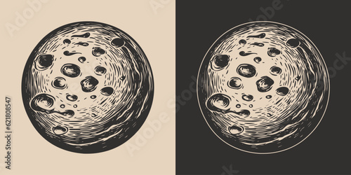 Set of vintage galaxy space planet moon. Can be used like emblem, logo, badge, label. mark, poster or print. Monochrome Graphic Art. Vector. Hand drawn element