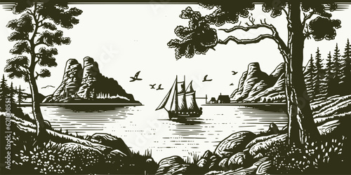 VIntage retro engraving style scandinavian adventure landscape outdoor scene. Journey vacation viking explore vibe. Graphic Art Vector