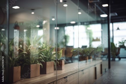 Defocus Office plant and glass wall in the lobby area. Generative AI
