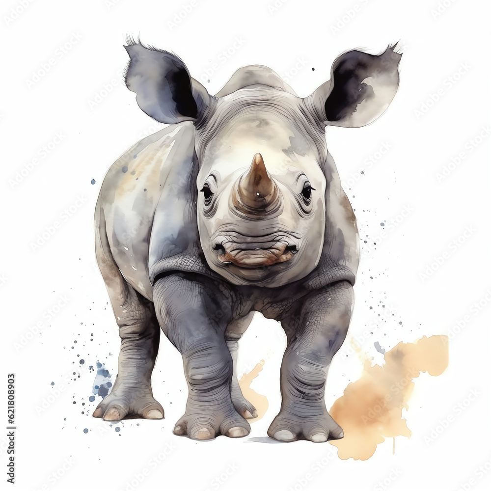 Obraz premium Generative AI : Adorable Baby Rhino in Realistic Watercolor, Innocence and Power Captured