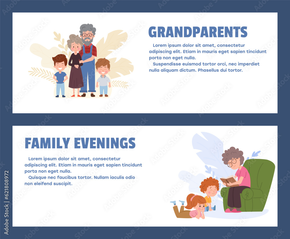 Vector flyers tamplate set flat happy grandparents with grandchildren portrait, family relationship cartoon characters Vector flyers tamplate set flat happy grandparents with grandchildren portrait, family relationship cartoon characters