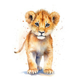 Generative AI : Playful Baby Lion: Realistic Watercolor Clipart of a Cute Lion Cub Jumping, Side View, on White Background