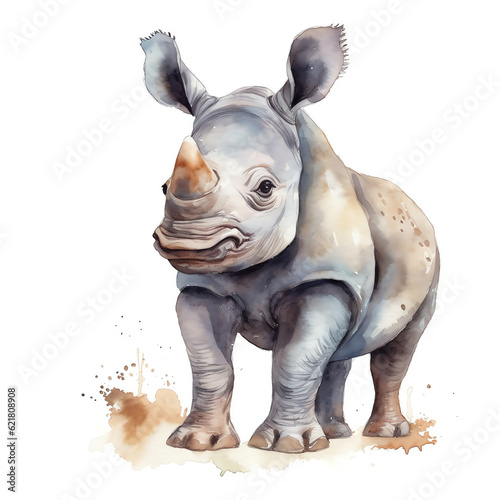 Generative AI   Adorable Baby Rhino in Realistic Watercolor  Innocence and Power Captured
