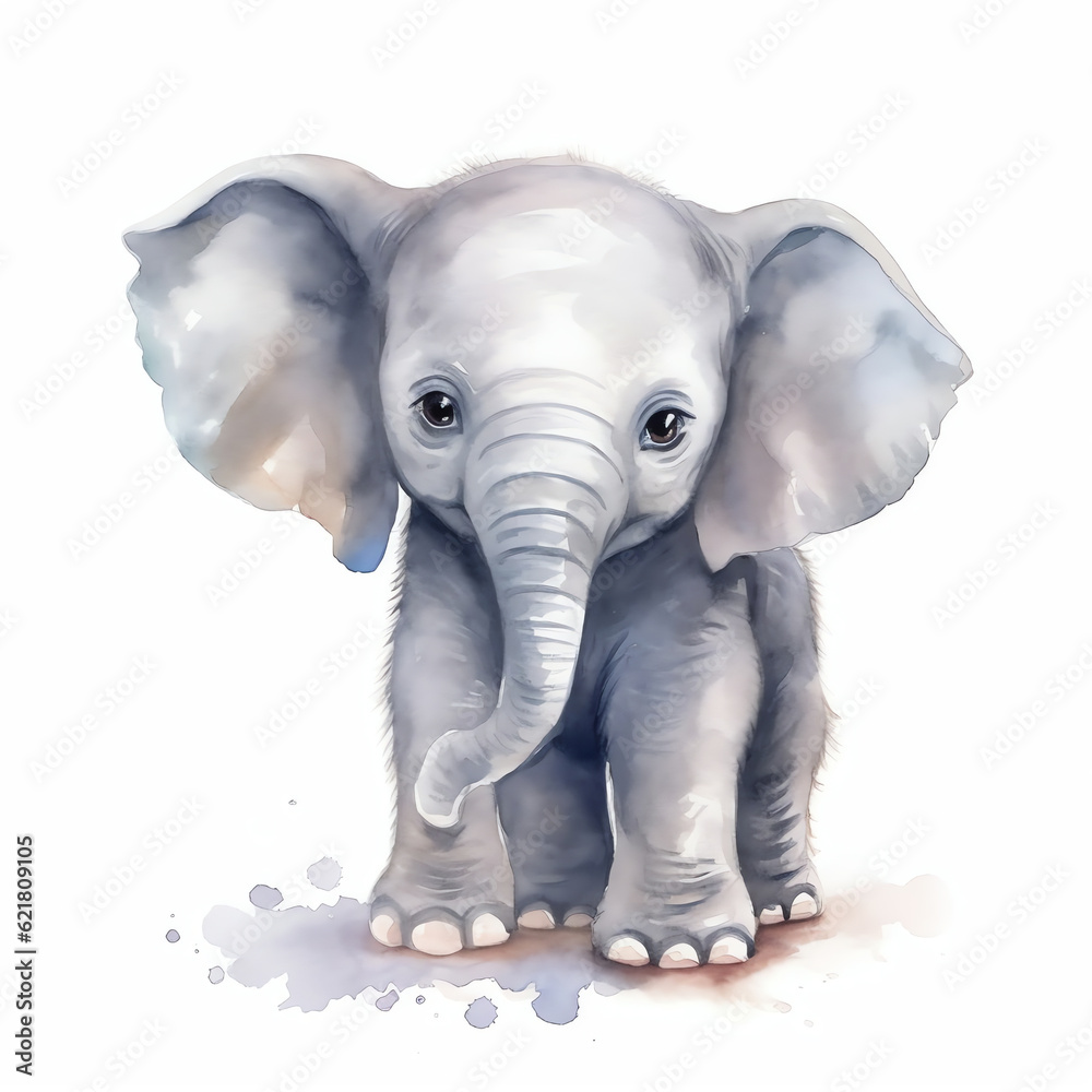 Generative AI : Playful and Innocent: Baby Elephant in Watercolor Delights on a White Background