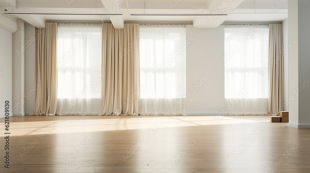 bright empty room hall with a large window and parquet, natural lighting. Generative AI bright empty room hall with a large window and parquet, natural lighting. Generative AI