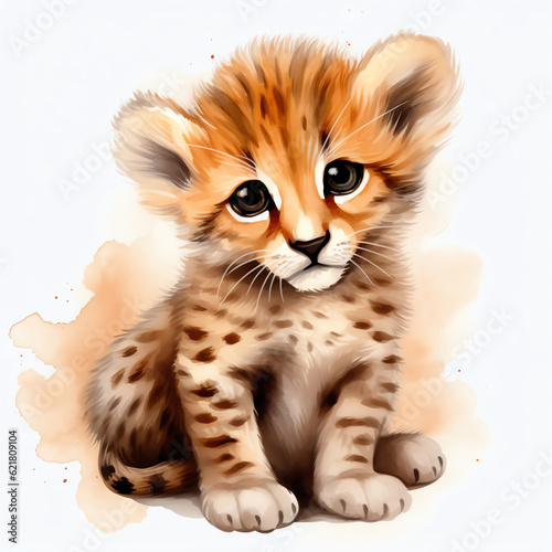 Generative AI : Realistic Watercolor Clipart of a Cute Baby Cheetah - HD Close-Up Portrait on White Background